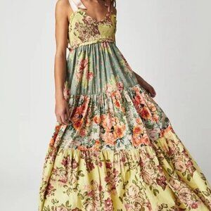 Free People Bluebell Printed Tiered Floral Patchwork Ribbon Tie Strap Maxi